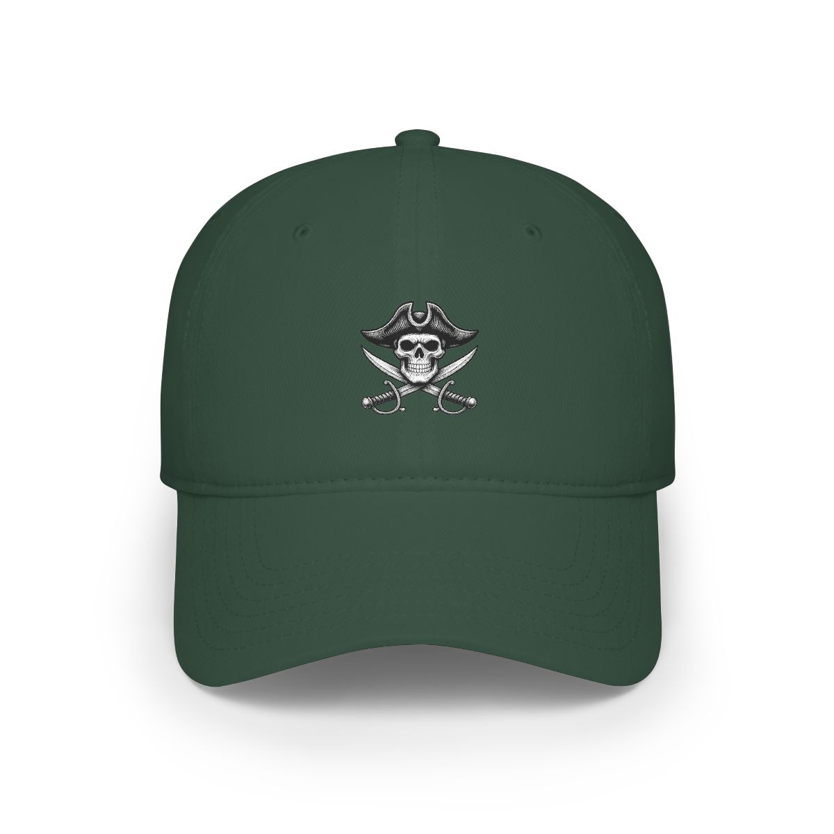 A black and white illustration of a skull wearing a pirate hat and holding two crossed swords. - alternate angle 5, merchandise