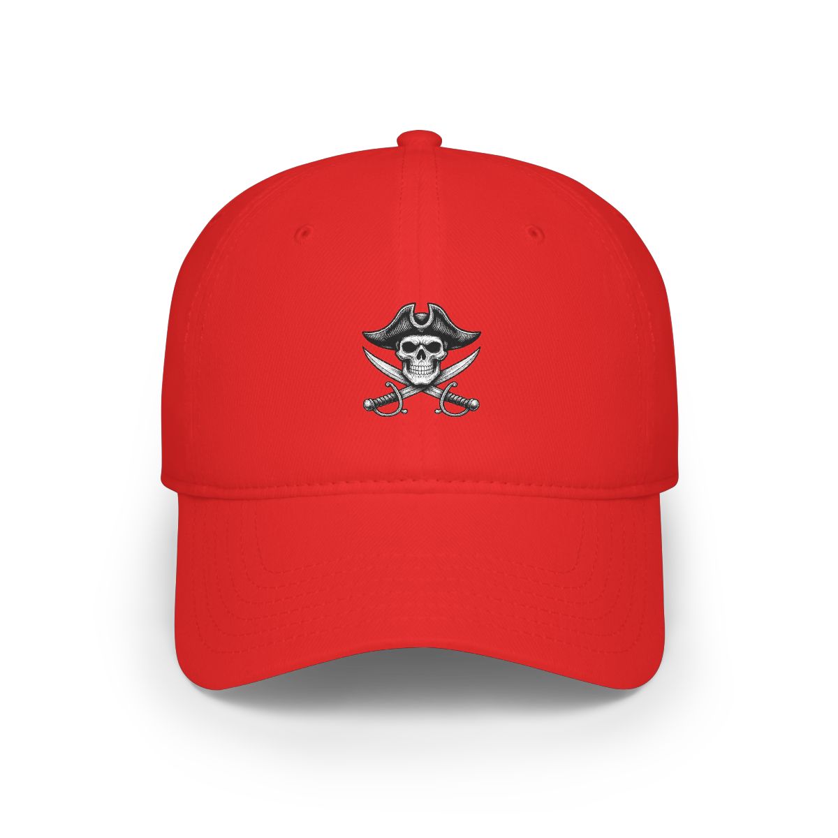 A black and white illustration of a skull wearing a pirate hat and holding two crossed swords. - alternate angle 2, merchandise