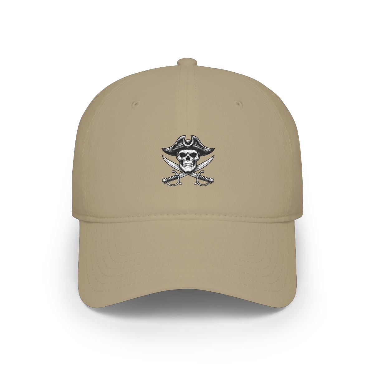 A black and white illustration of a skull wearing a pirate hat and holding two crossed swords. - alternate angle 4, merchandise